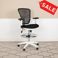 Flash Furniture HL-0001-1CWHITE-GG Mid-Back Black Mesh Ergonomic Drafting Chair with Adjustable Chrome Foot Ring, Adjustable Arms and White Frame